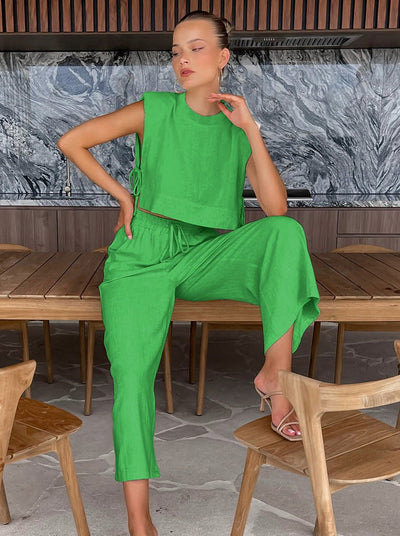 Elena | Zweiteiliges Leinen-Set mit Weitbein-Hose