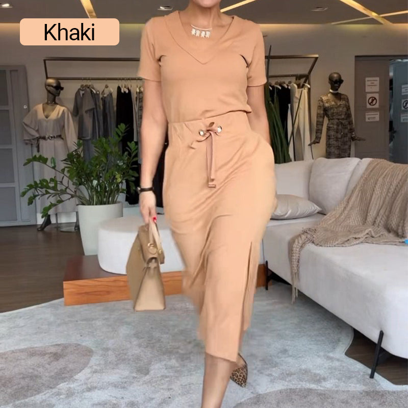 Pierce | Damen V-Ausschnitt T-Shirt und Midirock-Set👗