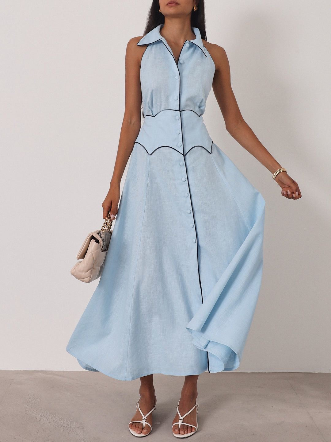 Steen | Kalila Kontrast-Ikonen-Kleid | Pastellblau/Marineblau