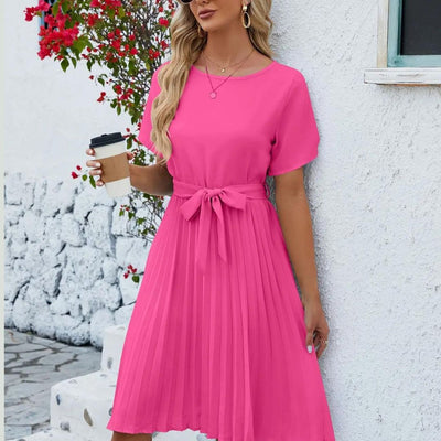 Mori - Elegantes Plissee Midikleid Bindegürtel Klassisch