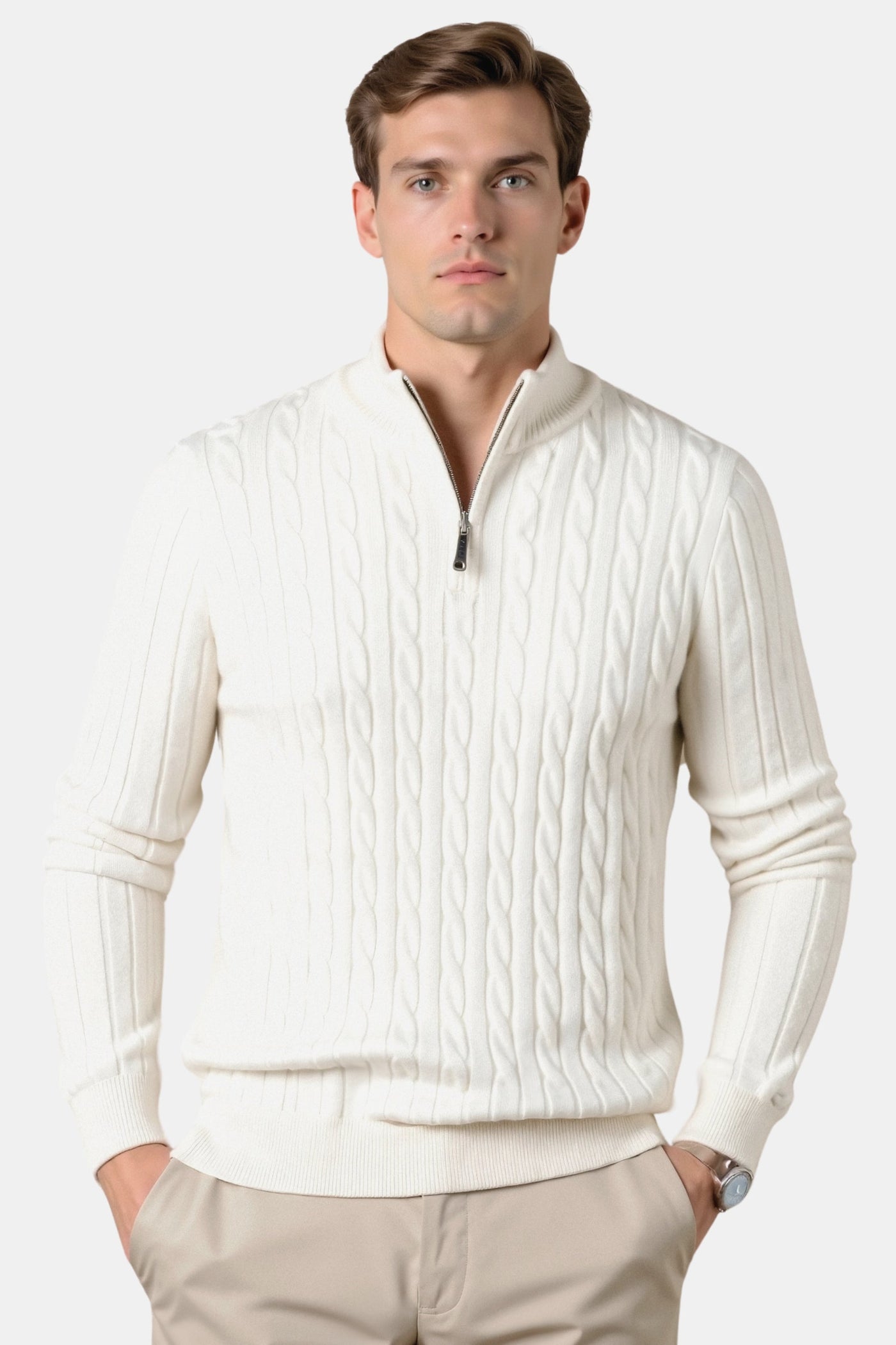 Eleganter Zopfstrickpullover mit Reißverschluss