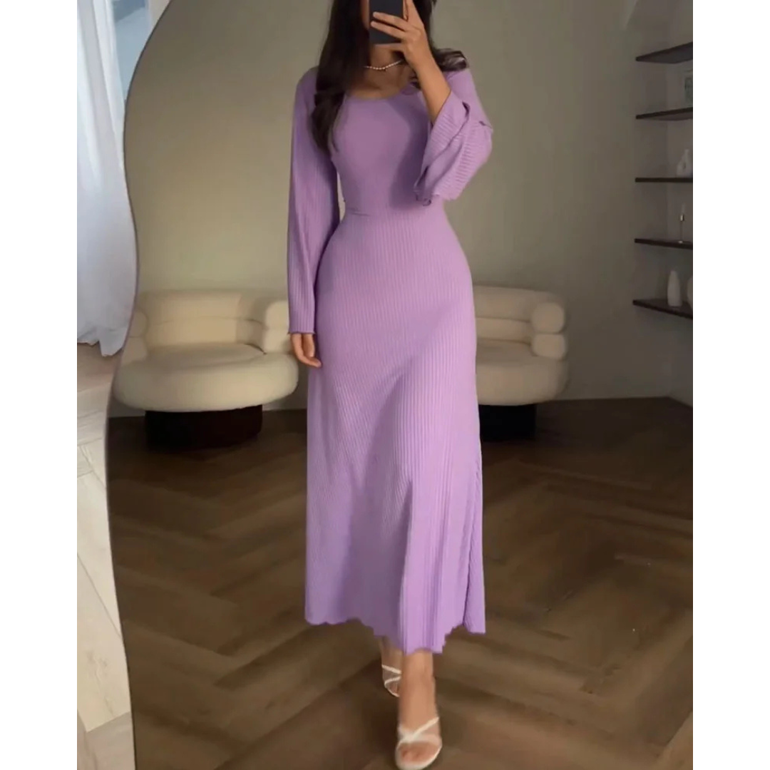 Damen Rippenstrickkleid mit Ausgestellten Ärmeln | Maxi