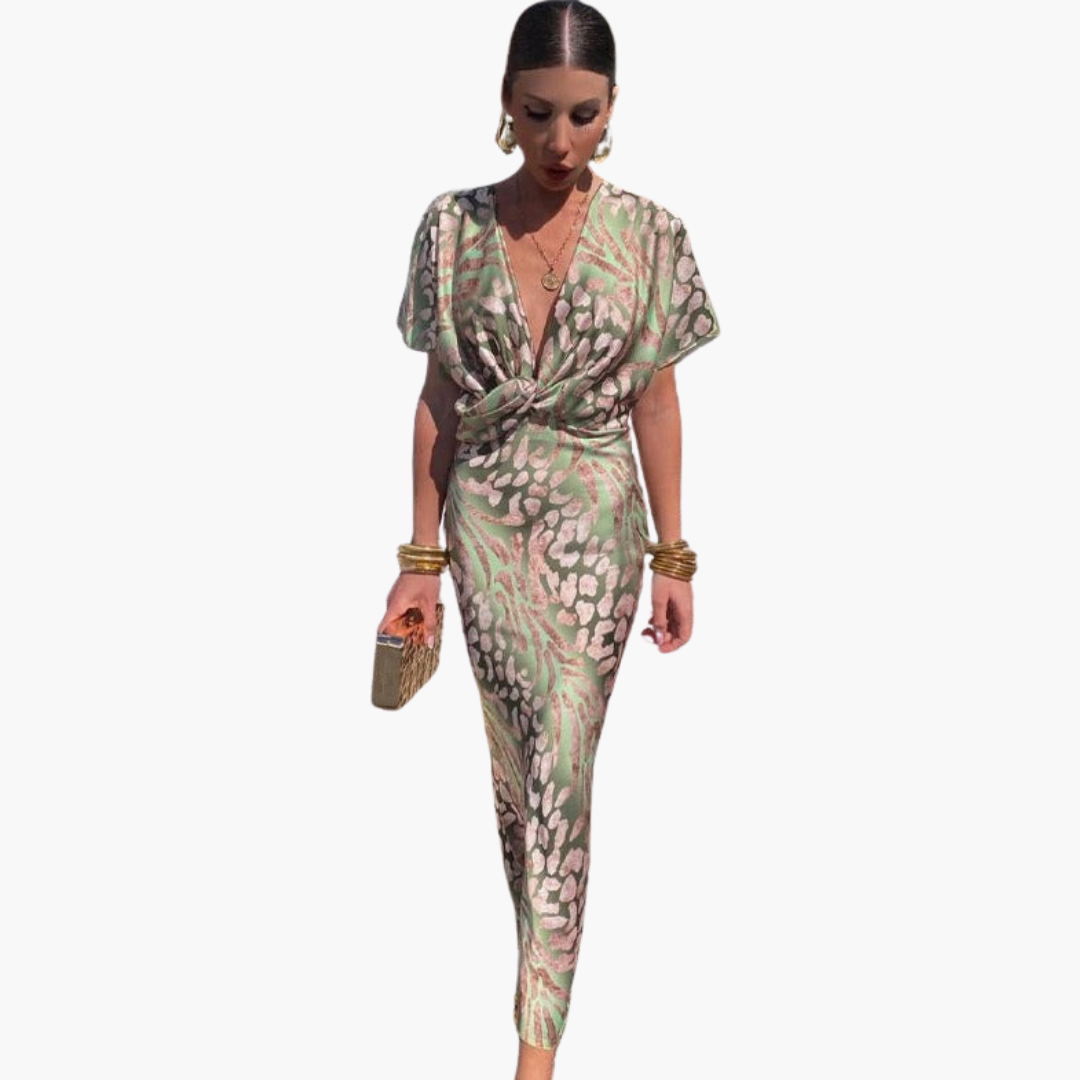 Damen knöchellanges Kleid mit V-Ausschnitt und geknotetem Front-Detail