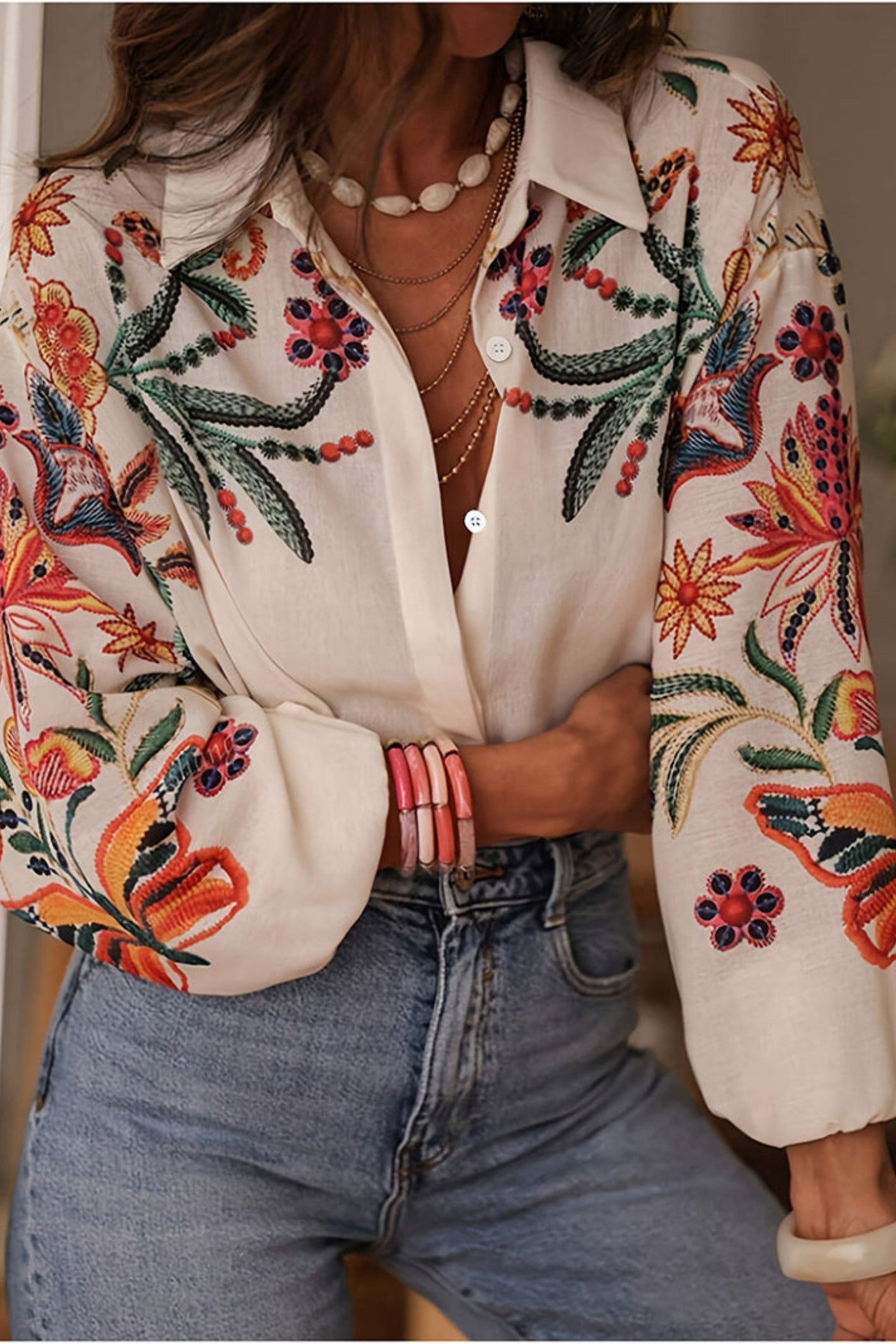 Mariluna – Lässiges Hemd Mit Langen Ärmeln Und Blumen Drucken