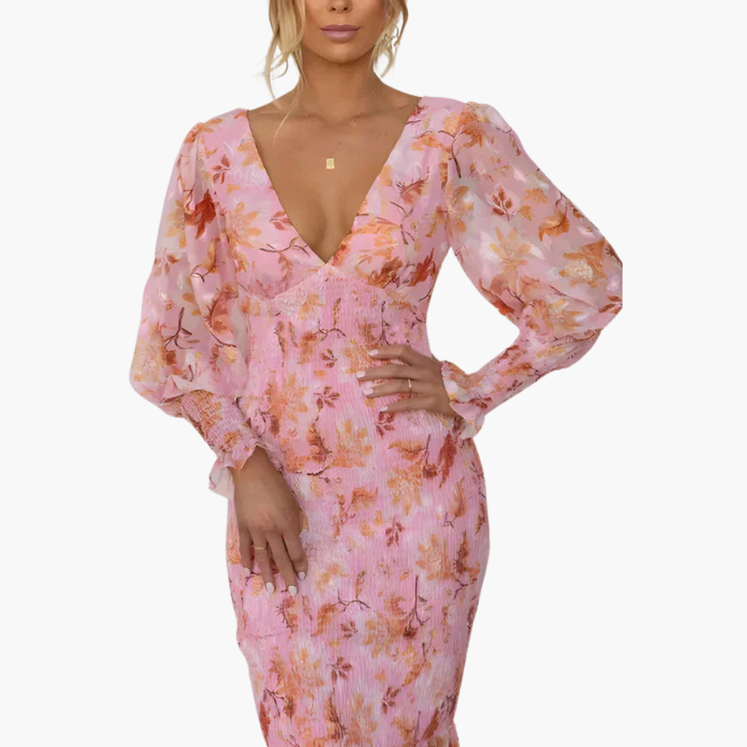 Blumen Midi Kleid mit Puffärmeln - elegantes Damen Sommerkleid