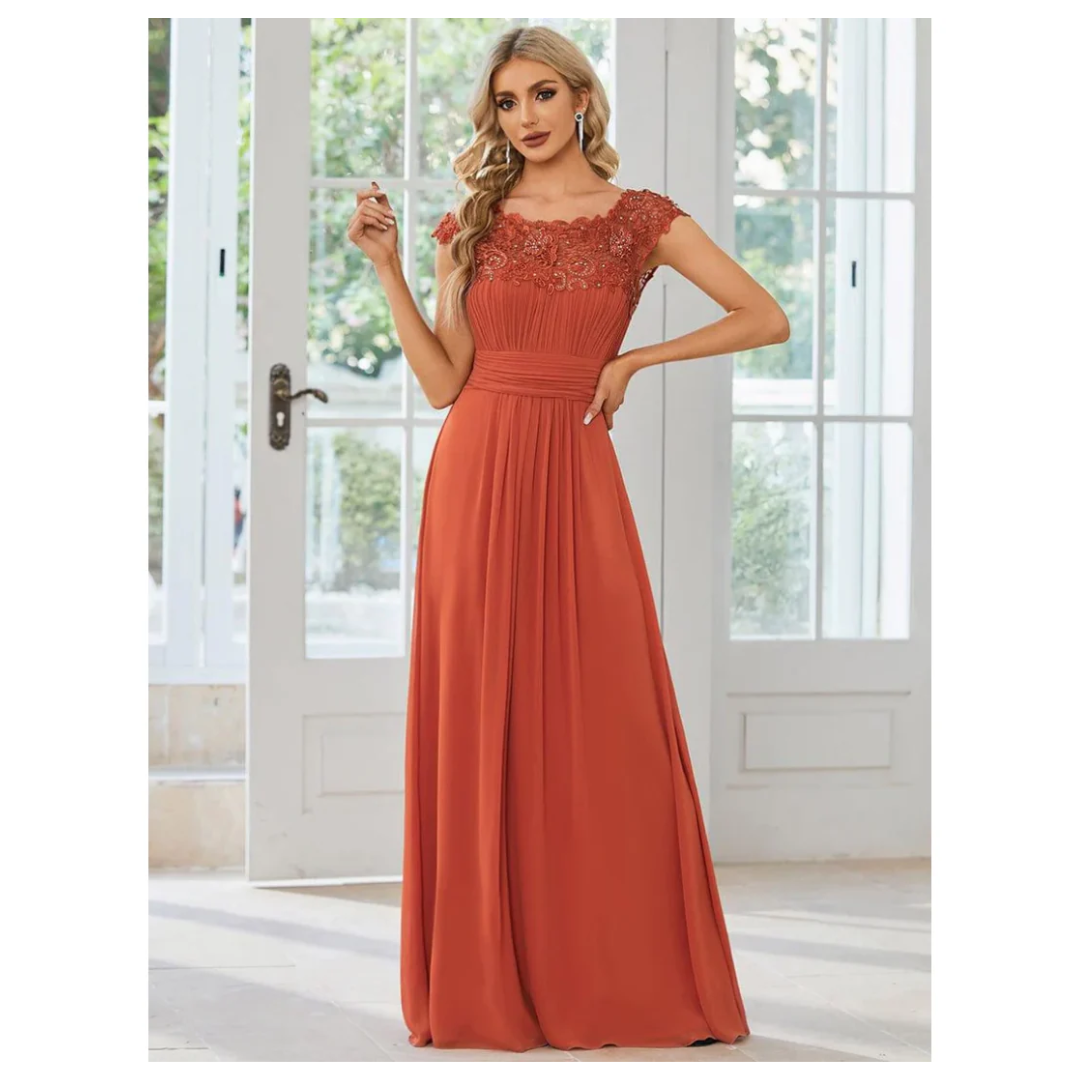 Damen Kleid mit Plissierten Kappenärmeln | Maxi