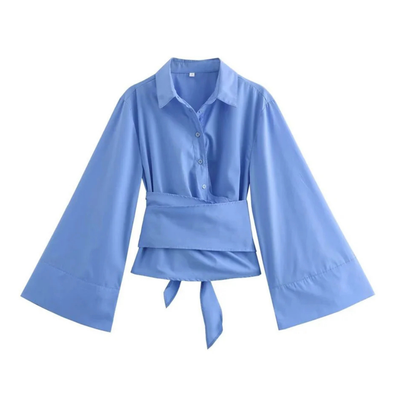 Damen Glockenärmeln Knopfleiste Kimono Hemd | Breiter Schleifengürtel