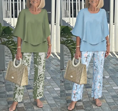 Jean |  Ensemble mit gemusterten Hosen und hochgeschlossenem Top