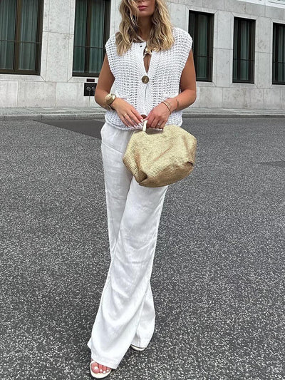 Eleganter ärmelloser, cropped Strickcardigan mit Taschen