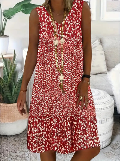 Damen ärmelloses Sommerkleid mit V-Ausschnitt und Blumenmuster