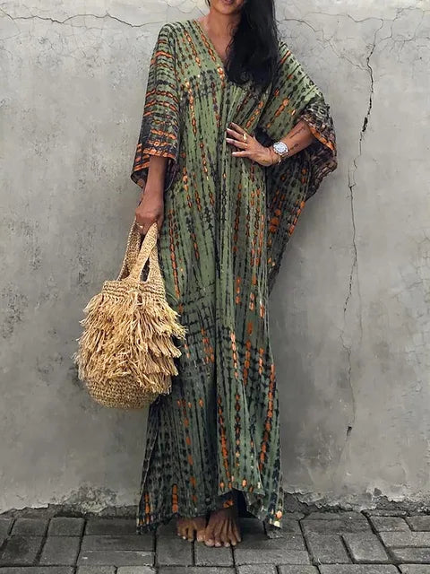 Kaftan-Kleid für Frauen - Lose Passform - V-Ausschnitt Tie-Dye Bohemian Style