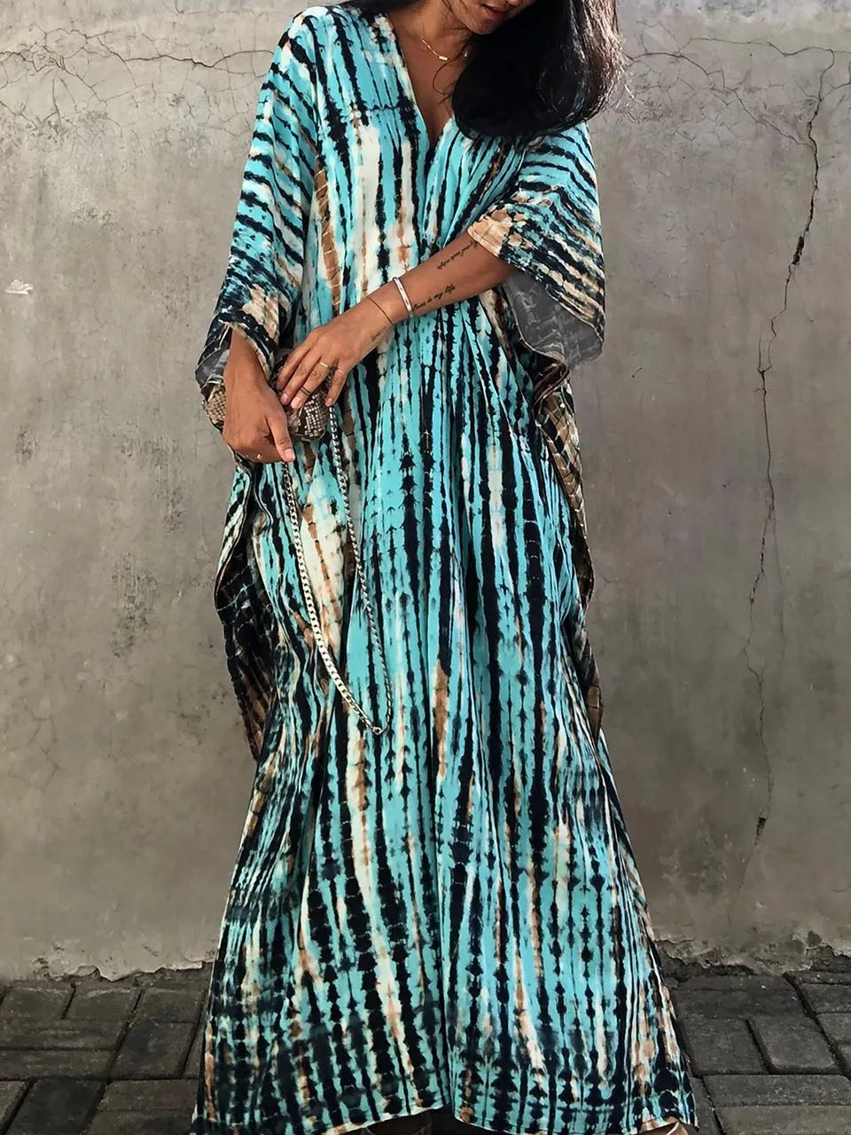 Kaftan-Kleid für Frauen - Lose Passform - V-Ausschnitt Tie-Dye Bohemian Style