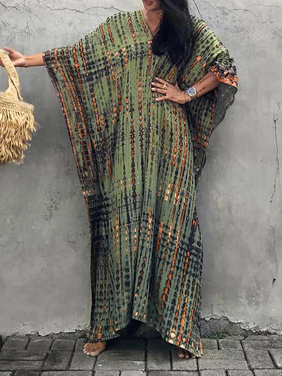 Kaftan-Kleid für Frauen - Lose Passform - V-Ausschnitt Tie-Dye Bohemian Style