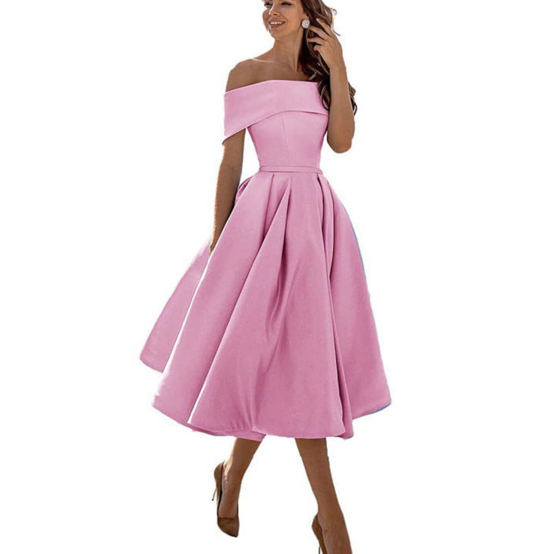 Damen Schulterfreies Plissee Kleid | Midi