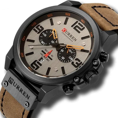 Elegante Herren Quarzuhr Mit Chronograph, Lederarmband, 3ATM Wasserdicht, Schockresistent