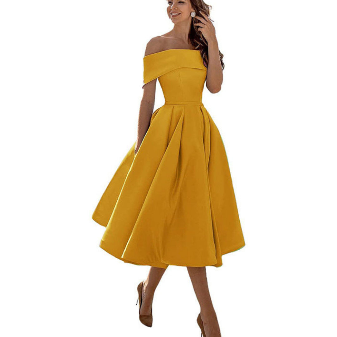 Damen Schulterfreies Plissee Kleid | Midi