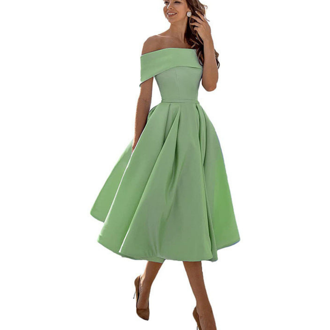 Damen Schulterfreies Plissee Kleid | Midi