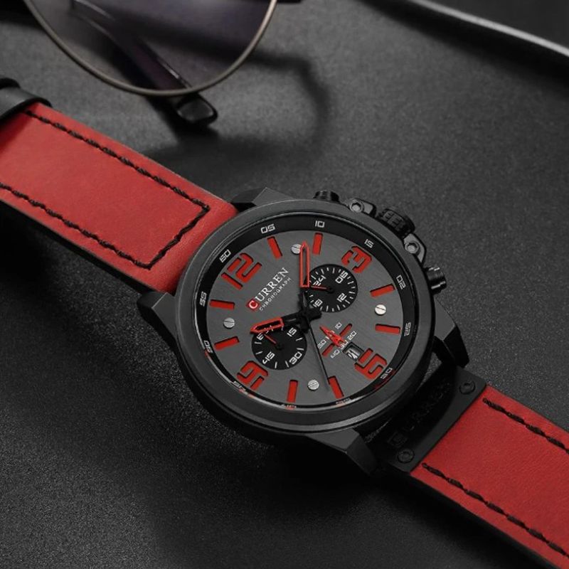 Elegante Herren Quarzuhr Mit Chronograph, Lederarmband, 3ATM Wasserdicht, Schockresistent