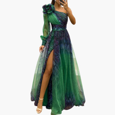 One-Shoulder Maxikleid mit Mesh-Print - Damen Abendmode