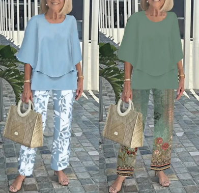 Jean |  Ensemble mit gemusterten Hosen und hochgeschlossenem Top