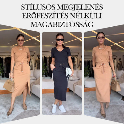 Pierce | Damen V-Ausschnitt T-Shirt und Midirock-Set👗