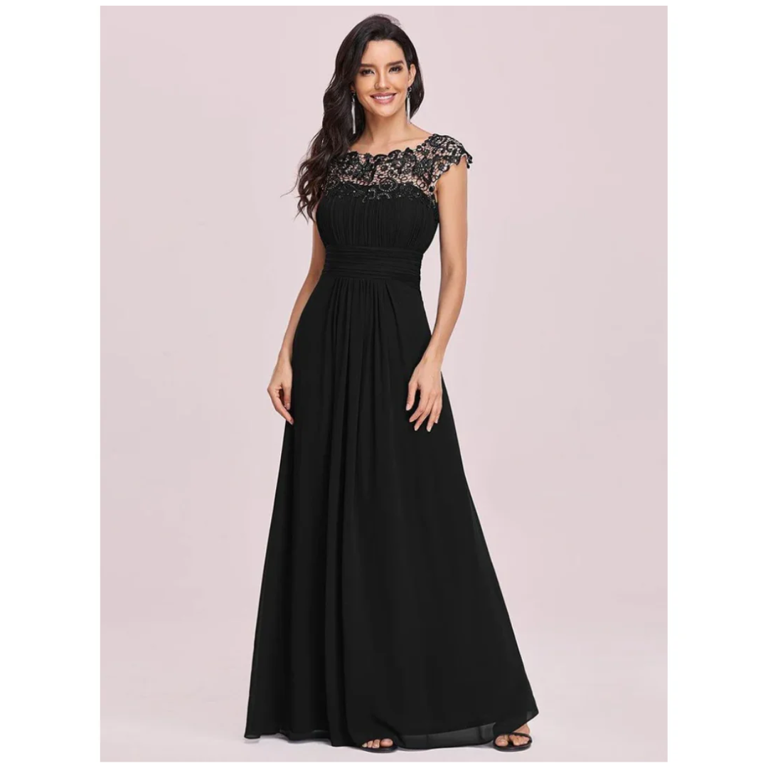 Damen Kleid mit Plissierten Kappenärmeln | Maxi