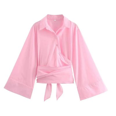 Damen Glockenärmeln Knopfleiste Kimono Hemd | Breiter Schleifengürtel