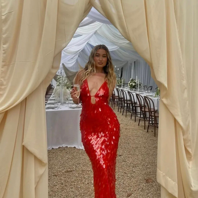 Damen Pailletten Slim Fit Hochzeitsgast Kleid | Maxi