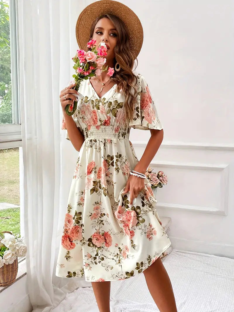 Mercy - Sommer Kleid V-Ausschnitt Blumenmuster