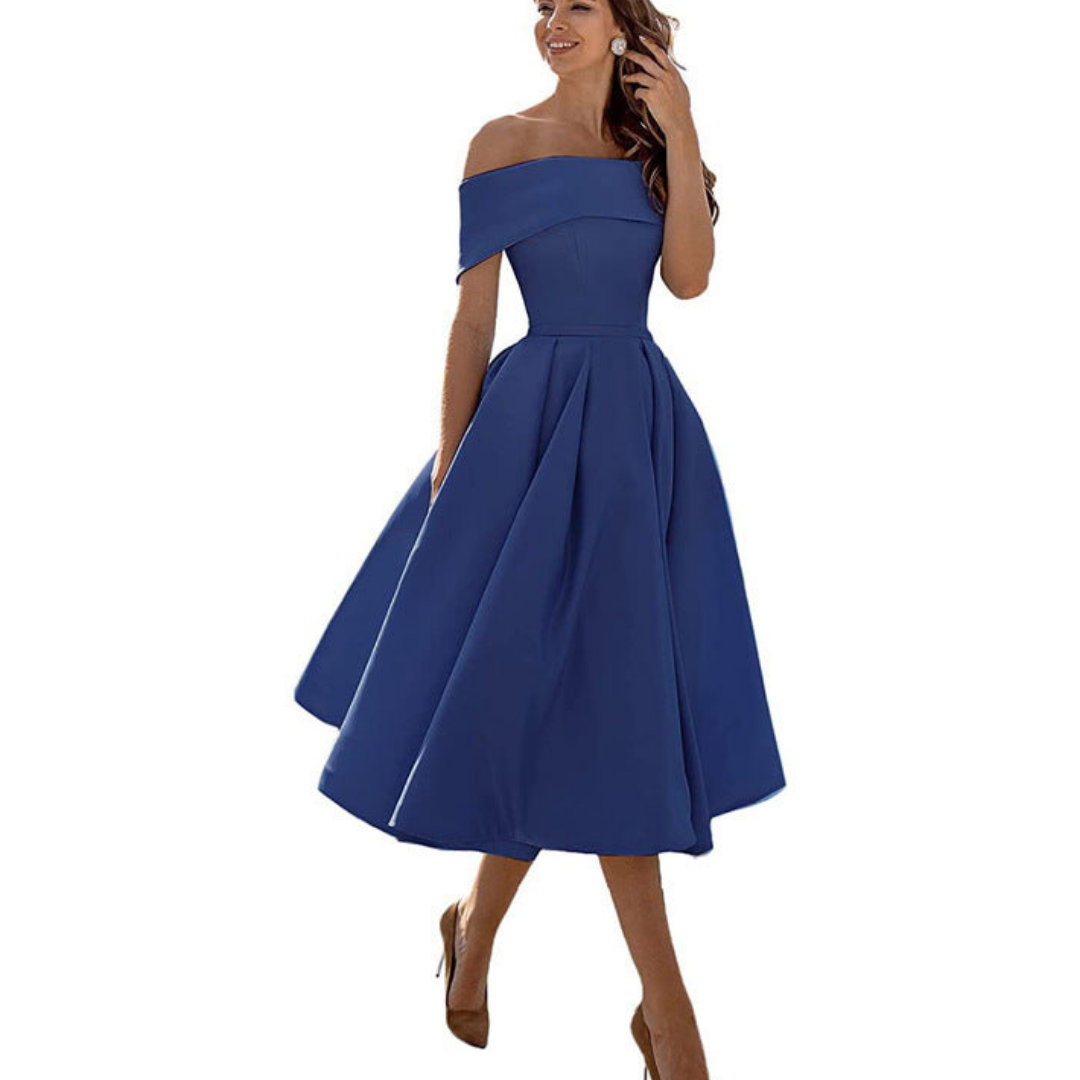 Damen Schulterfreies Plissee Kleid | Midi