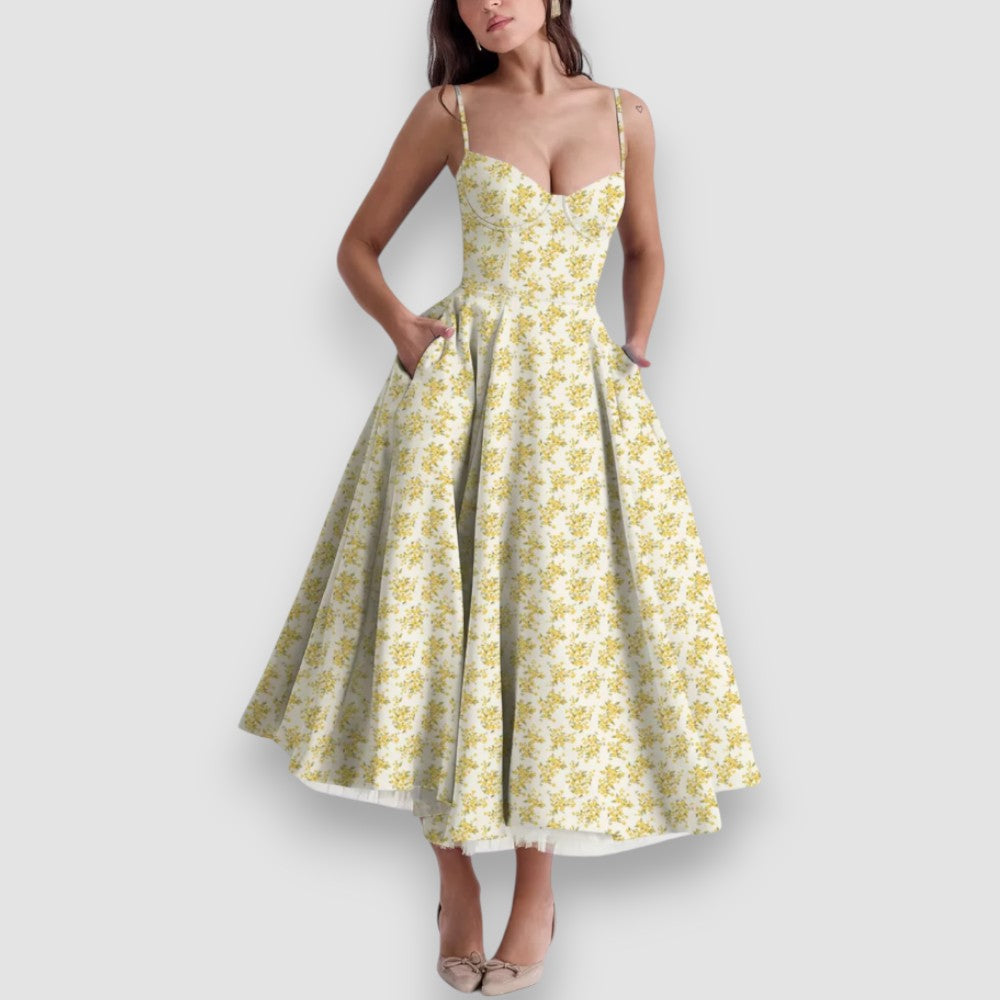 Noir | Blumen Midikleid mit Korsett-Oberteil