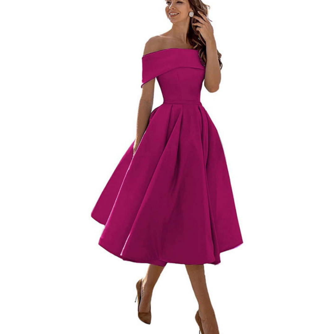 Damen Schulterfreies Plissee Kleid | Midi