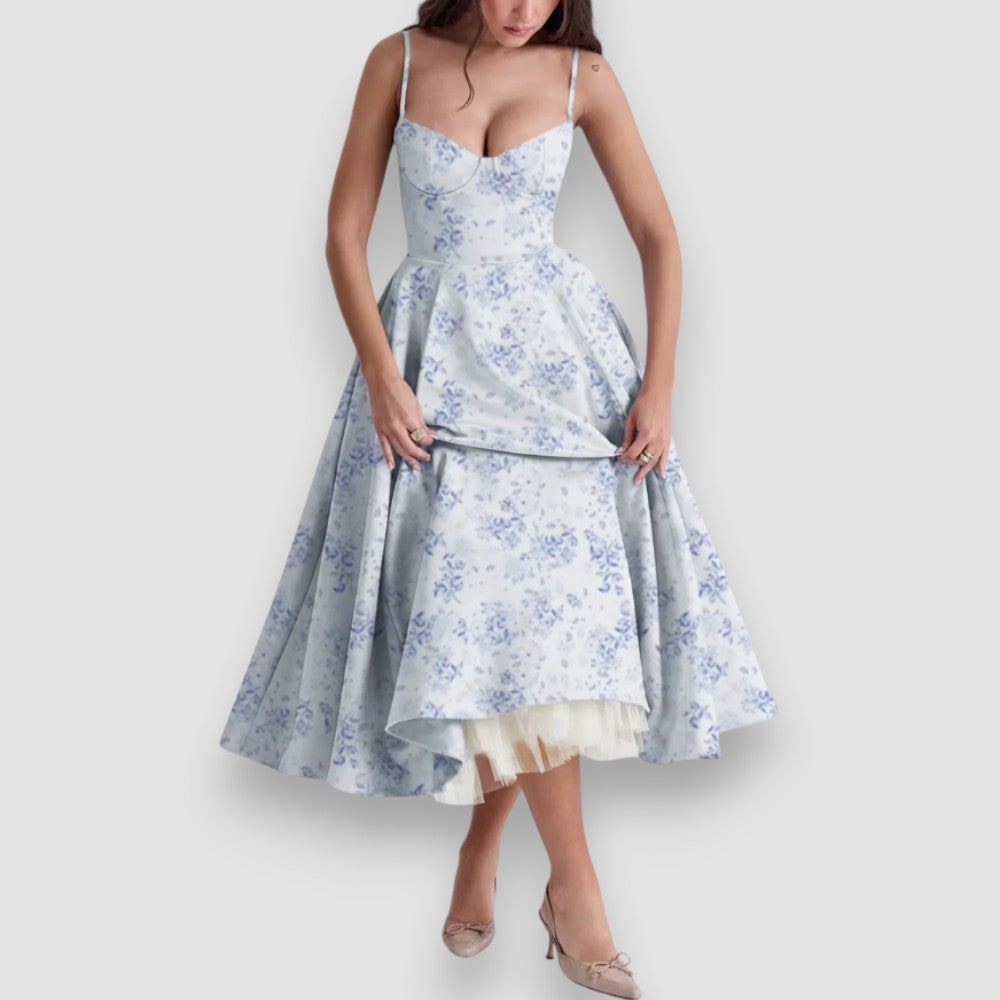 Noir | Blumen Midikleid mit Korsett-Oberteil