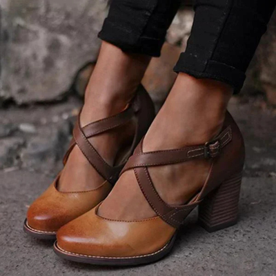 Damen Vintage Blockabsatz Sandale | Kreuzriemen Schnalle