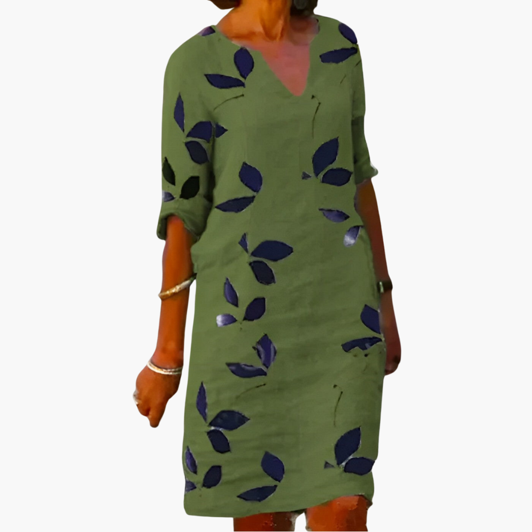 Sommerkleid für Damen - Blättermuster, locker & V-Ausschnitt
