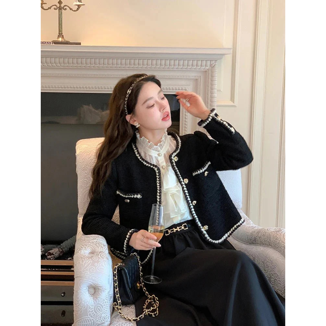 Damen Elegante Kurze Vintage Jacke | Perlenknopf