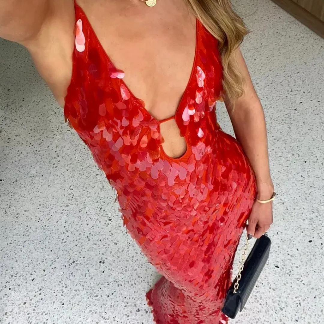 Damen Pailletten Slim Fit Hochzeitsgast Kleid | Maxi