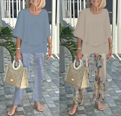 Jean |  Ensemble mit gemusterten Hosen und hochgeschlossenem Top