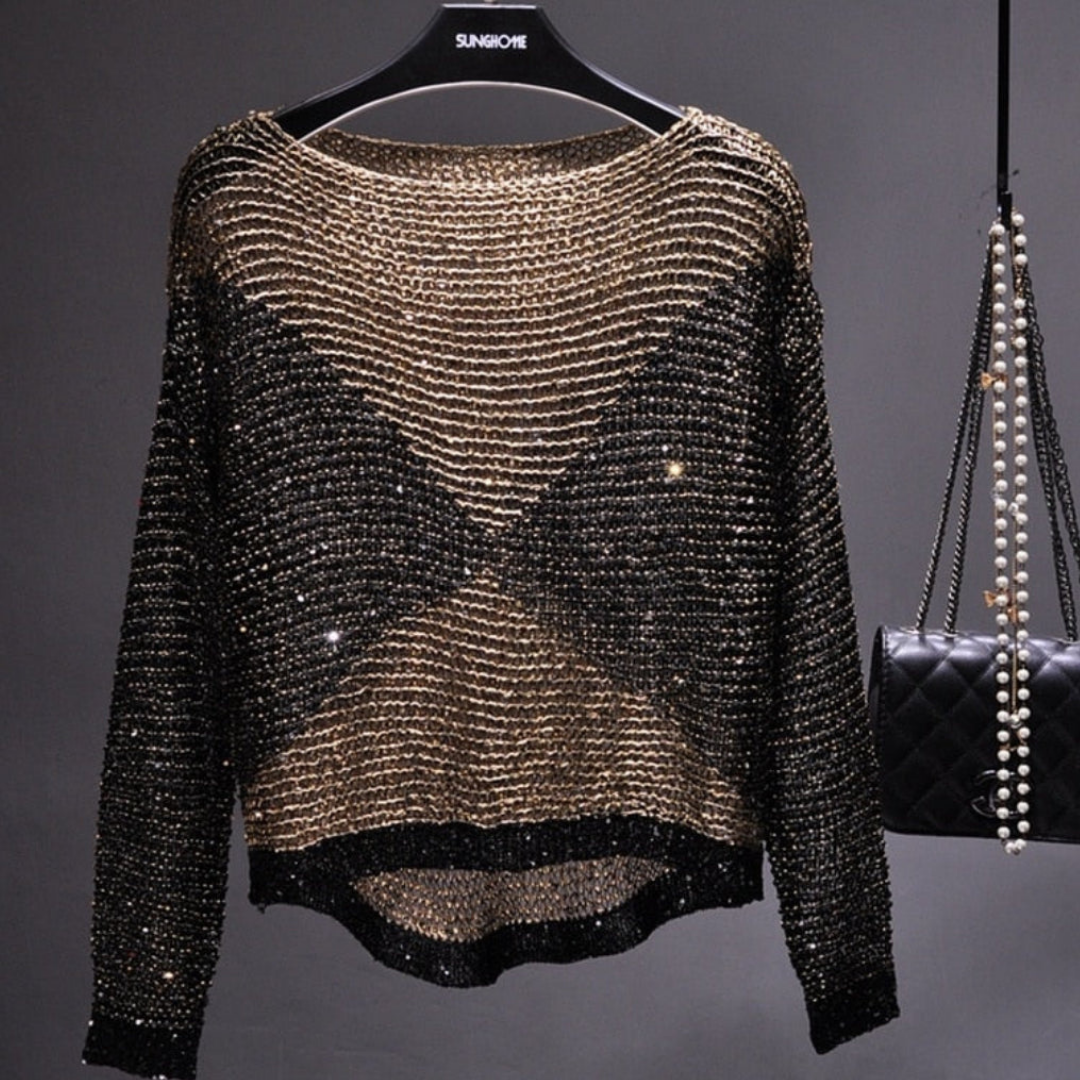 Damen Rundhalsausschnitt Pailletten Oberteil | Langarm