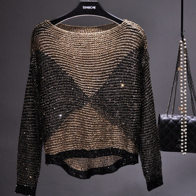 Damen Rundhalsausschnitt Pailletten Oberteil | Langarm