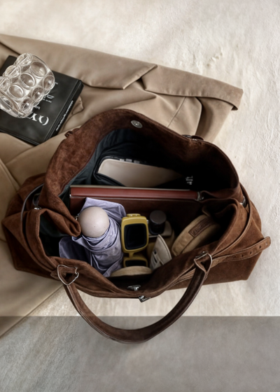 Vegane Wildleder Handtasche Damen – Große Schultertasche mit Reißverschluss