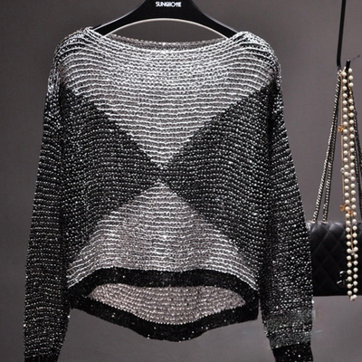 Damen Rundhalsausschnitt Pailletten Oberteil | Langarm