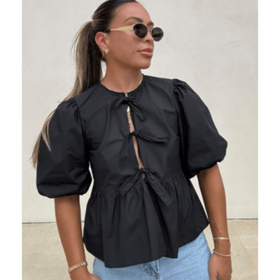 Damen Puffärmel Krawattenfront Bluse | Schößchen