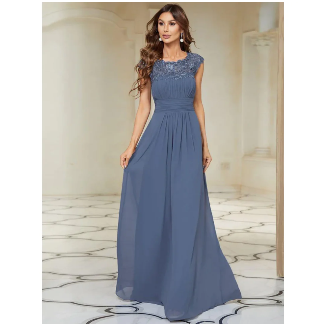 Damen Kleid mit Plissierten Kappenärmeln | Maxi