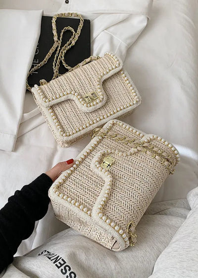 Rattan Handtasche Damen – Boho Stil mit Perlendetail
