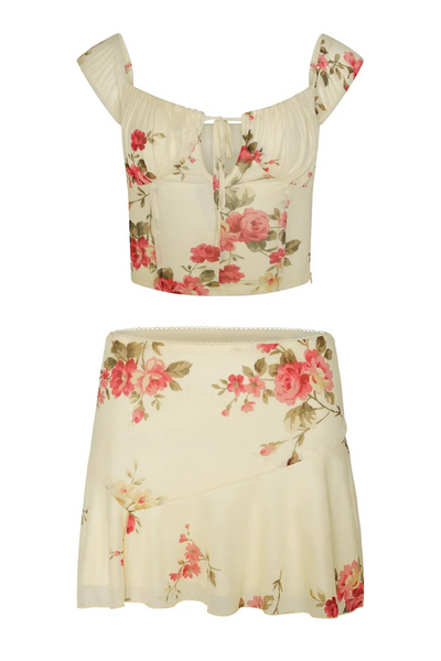 Zweiteiliges Damen Sommer Set mit Blumentop und Minirock – Malia