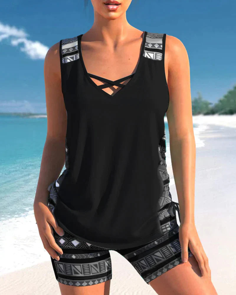 Trendige Bademode mit V-Ausschnitt & geometrischem Muster – Tankini-Set Madonna