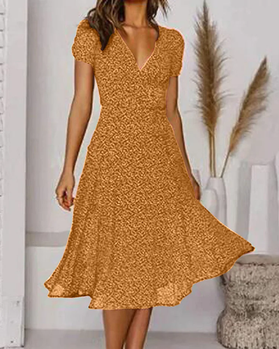 BelleRue - Bedrucktes Chiffonkleid mit kurzen Ärmeln und V-Ausschnitt für Damen