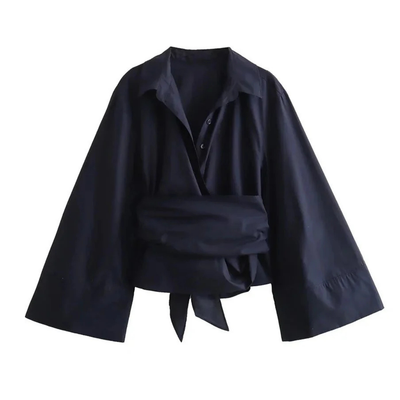 Damen Glockenärmeln Knopfleiste Kimono Hemd | Breiter Schleifengürtel