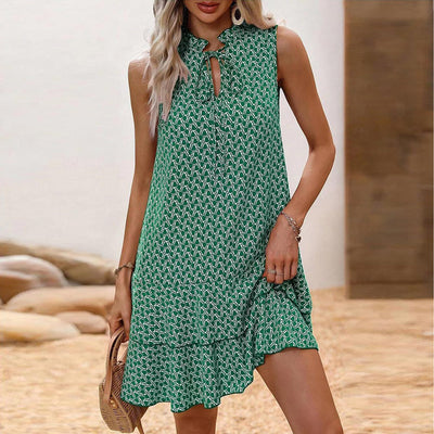 Ursula | Bohémien-bedrucktes Mini-Occasion-Kleid mit Rüschen